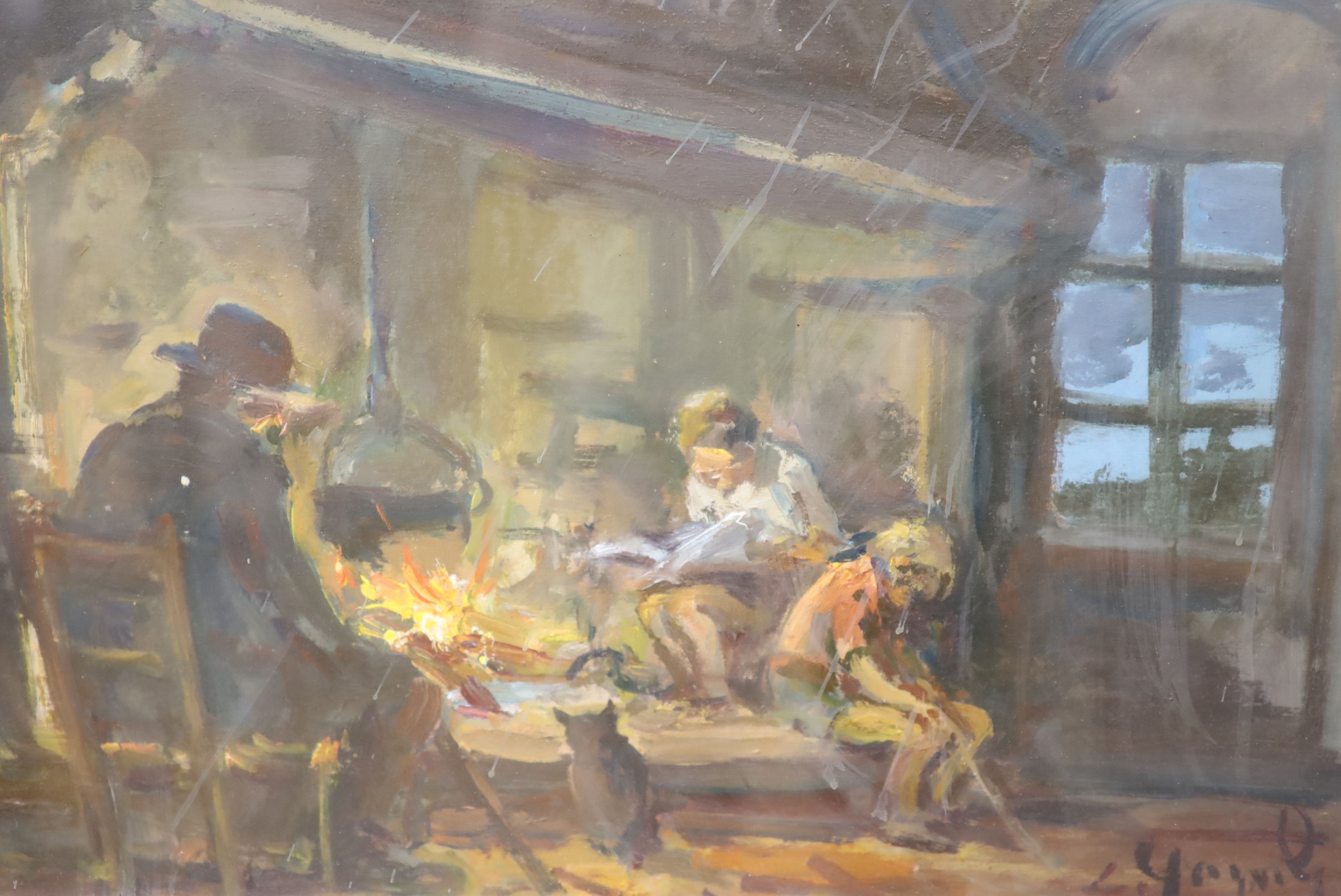 Russian School, oil on board, Interior with figures around a hearth, indistinctly signed, 33 x 48cm